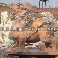 石頭麒麟雕塑，紅色石頭麒麟