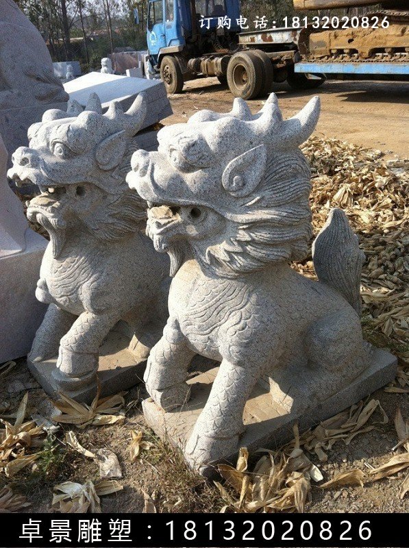 麒麟石雕，漢白玉麒麟雕塑 (4)