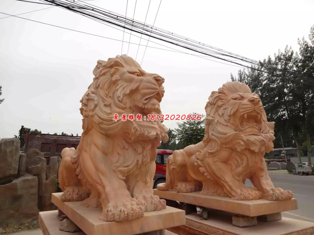 西洋獅石雕，晚霞紅趴著獅子雕塑 (2)