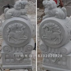 抱鼓石雕塑，漢白玉麒麟門墩石雕