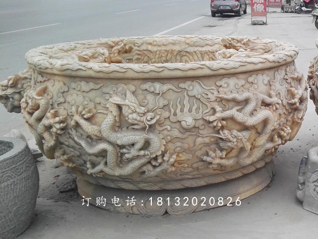 晚霞紅水缸石雕，龍浮雕水缸 (2)