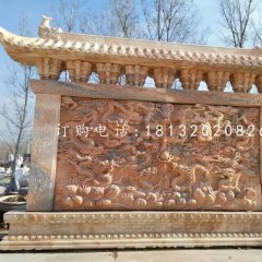 九龍影壁雕塑，晚霞紅石雕影壁