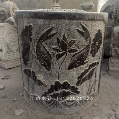 仿古青石水缸石雕，魚戲水中浮雕水缸雕塑
