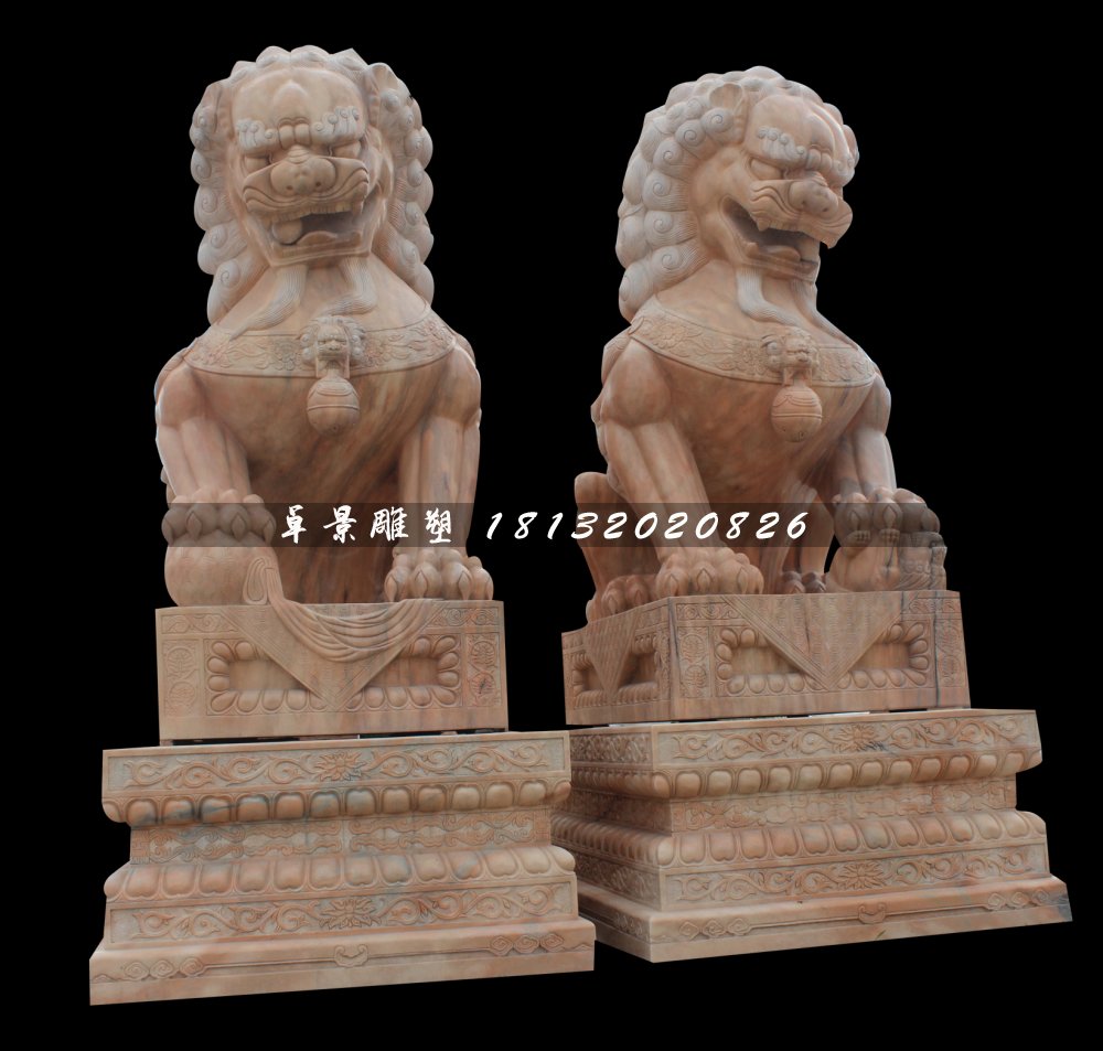 晚霞紅石獅子，大型北京獅石雕 (1)