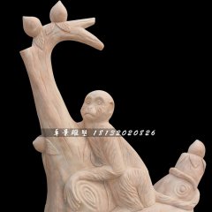 猴子摘桃石雕，晚霞紅動物石雕