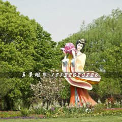 古代美女采花雕塑，玻璃鋼仿真人物雕塑