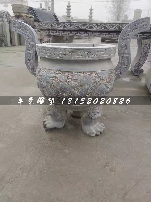 青石香爐，三足香爐石雕