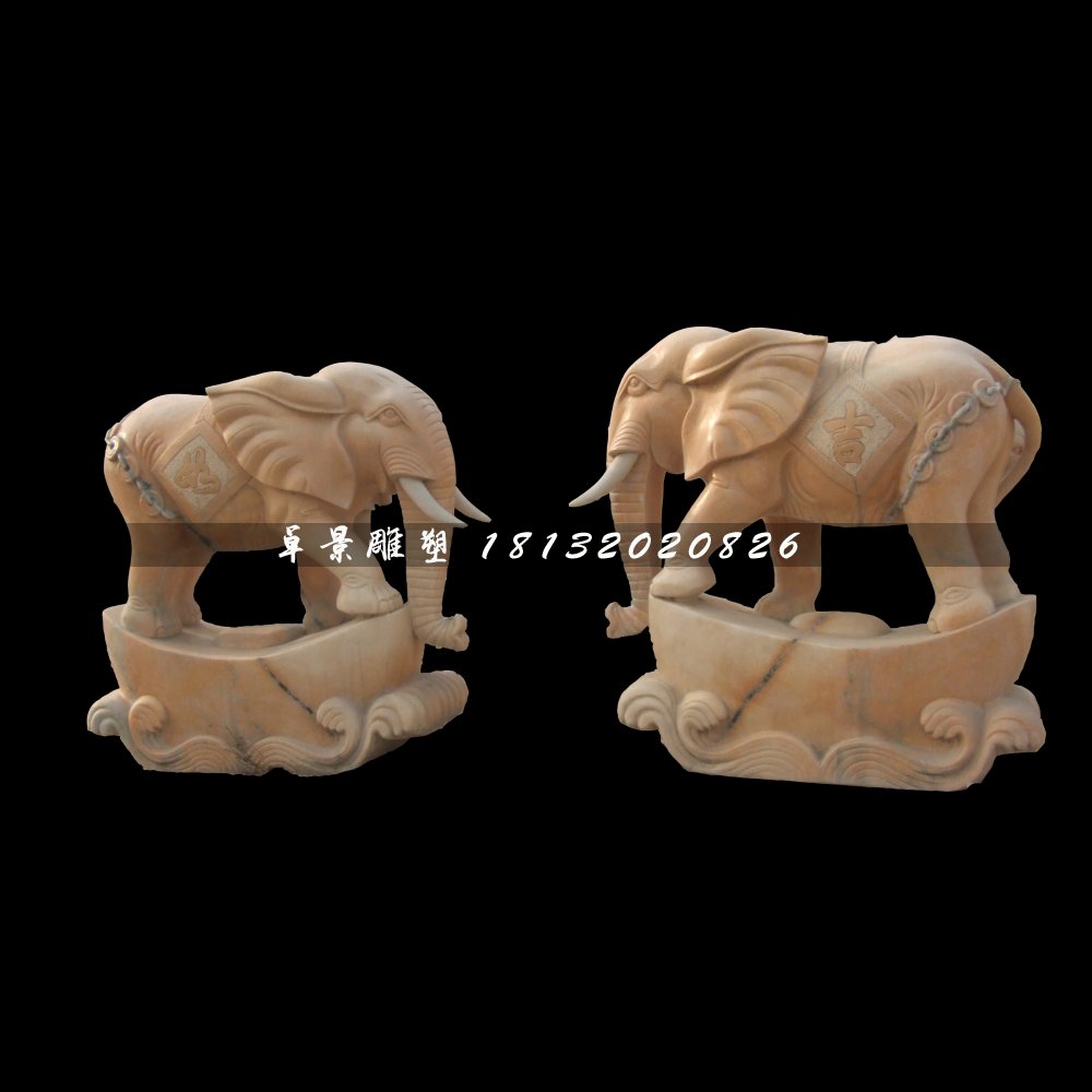 招財大象石雕，晚霞紅大象