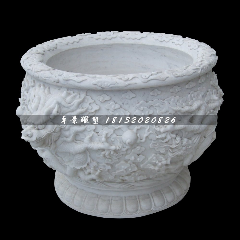 龍浮雕水缸，漢白玉水缸
