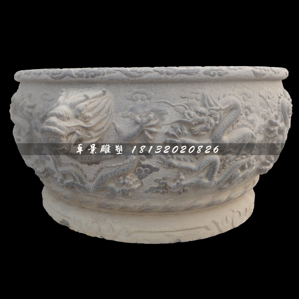 龍浮雕水缸，青石水缸