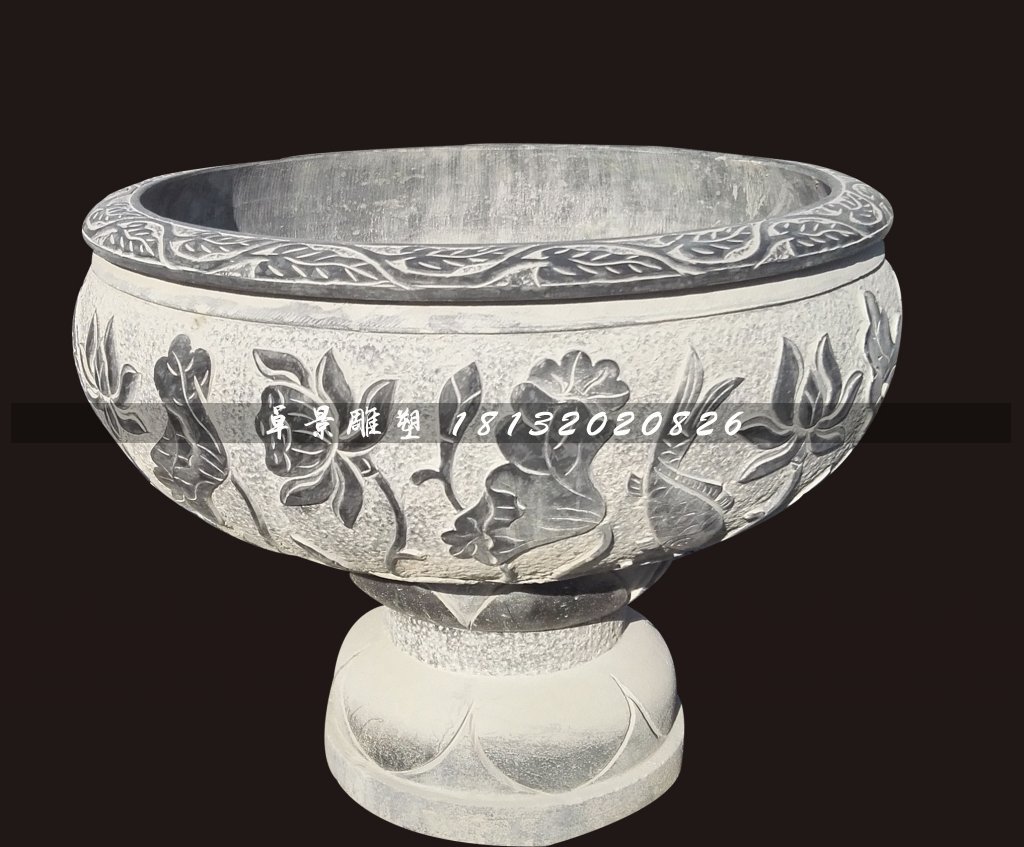 荷花花盆石雕，青石花盆雕塑