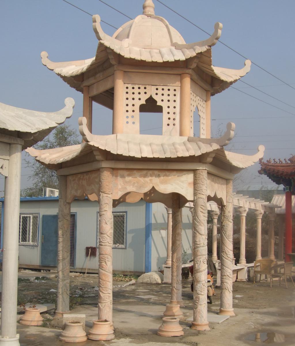 雙層涼亭石雕，晚霞紅涼亭