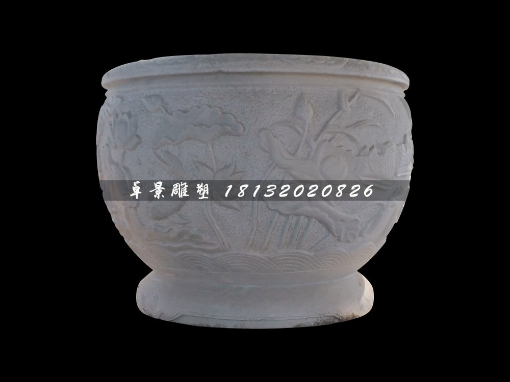 荷花浮雕水缸，圓形水缸雕塑
