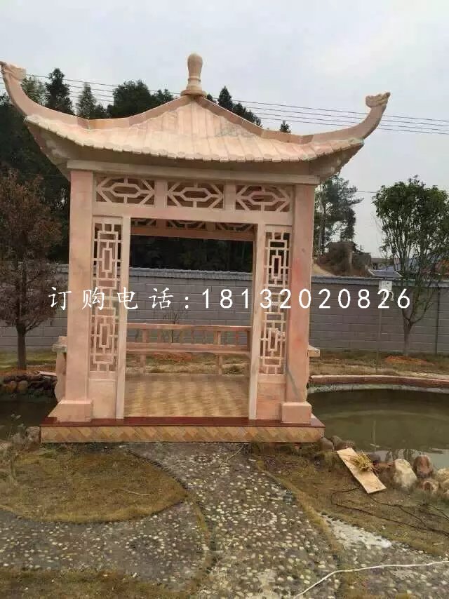 中式涼亭雕塑晚霞紅涼亭石雕