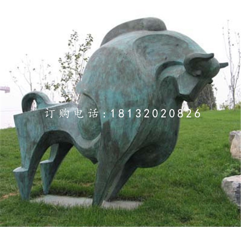 抽象牛雕塑，青銅開荒牛