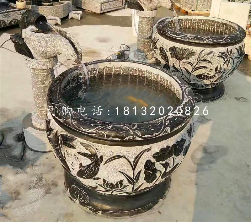 青石仿古石缸，別墅流水擺件