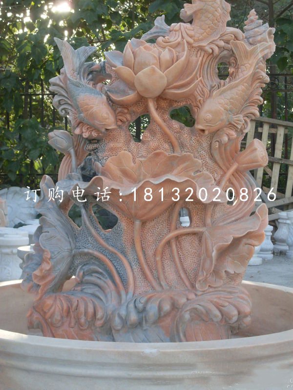 鯉魚荷花石雕，晚霞紅石雕