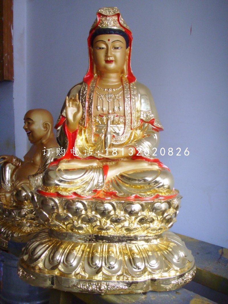 坐式銅觀音，彩繪銅觀音雕塑