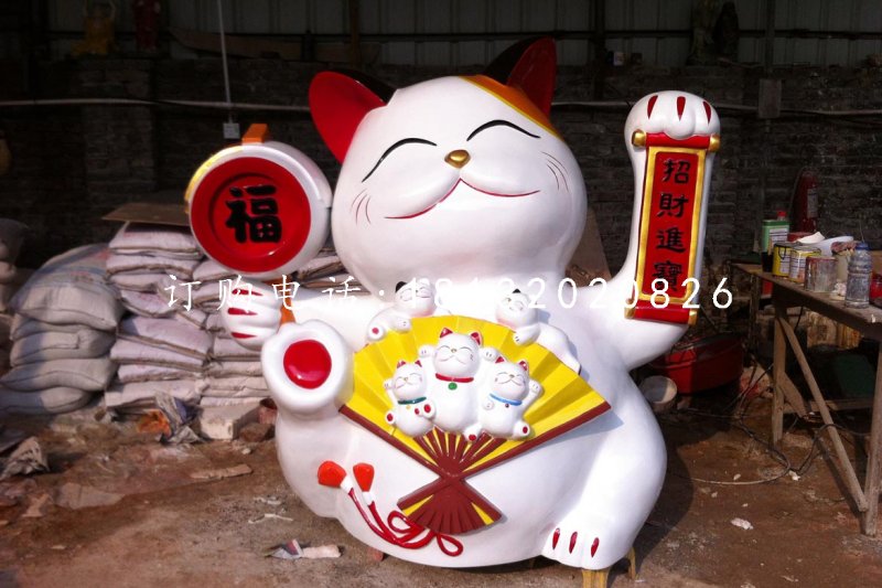 玻璃鋼招財貓，卡通動物雕塑，商場景觀雕塑