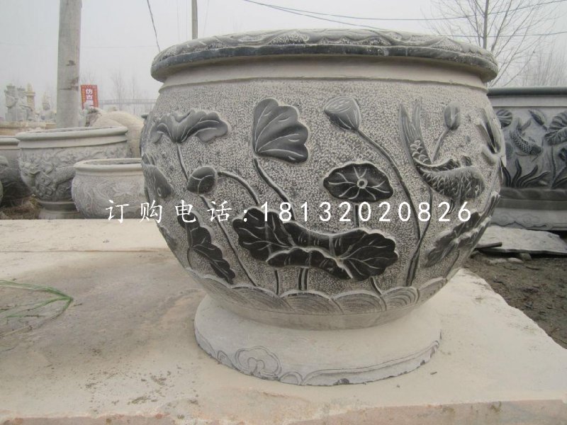 荷花鯉魚(yú)石浮雕水缸，青石仿古水缸