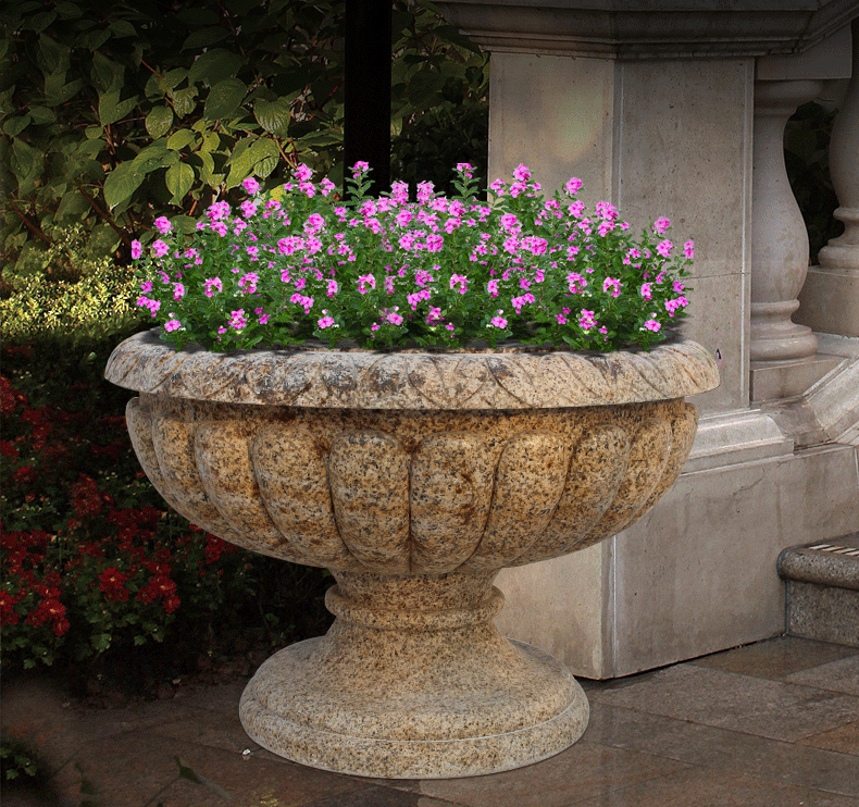 花盆石雕，晚霞紅花盆