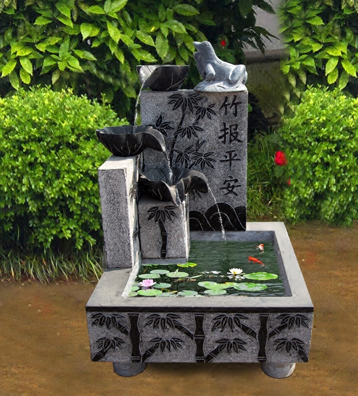 竹報(bào)平安石浮雕流水池，園林景觀擺件