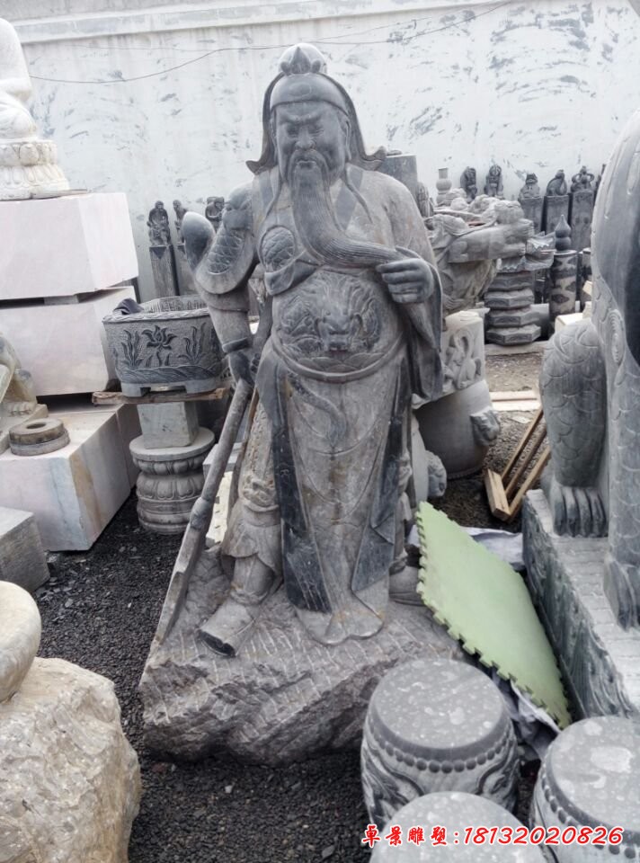 關公讀書石雕，青石關公雕塑