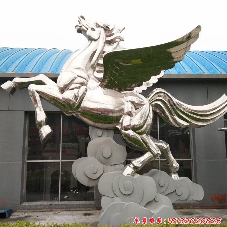 不銹鋼飛馬雕塑，不銹鋼馬踏祥云雕塑