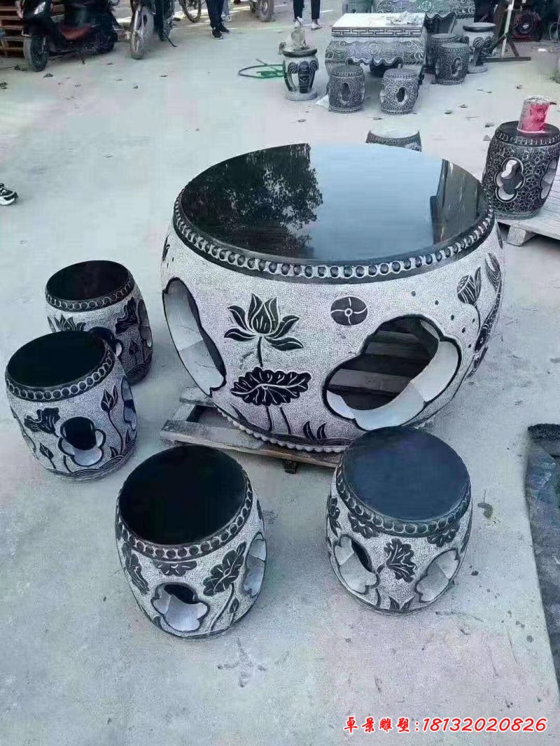 荷花鯉魚(yú)浮雕圓形桌凳